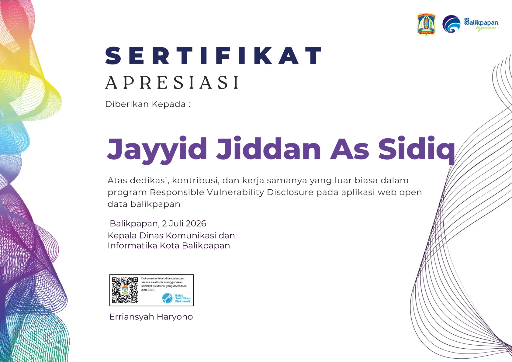 Sertifikat Vulnerability Disclosure Program (VDP) Balikpapan - Jayyid